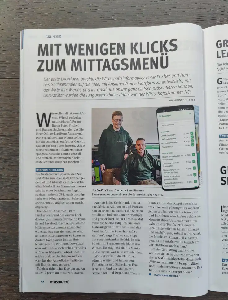 Titelbild: Artikel in der WKO NÖ Zeitung